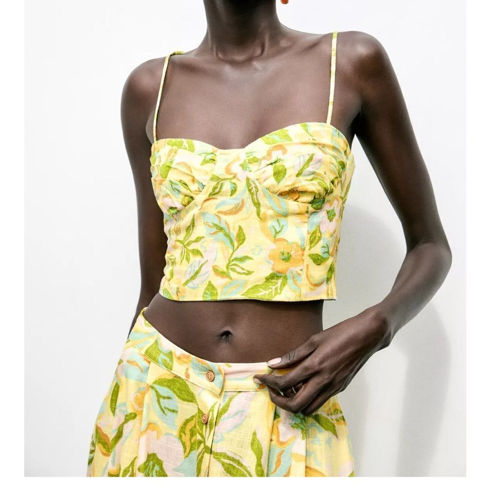 Zara Linen blend corset top with ruching Floral Yellow NWT XS - Picture 2 of 12